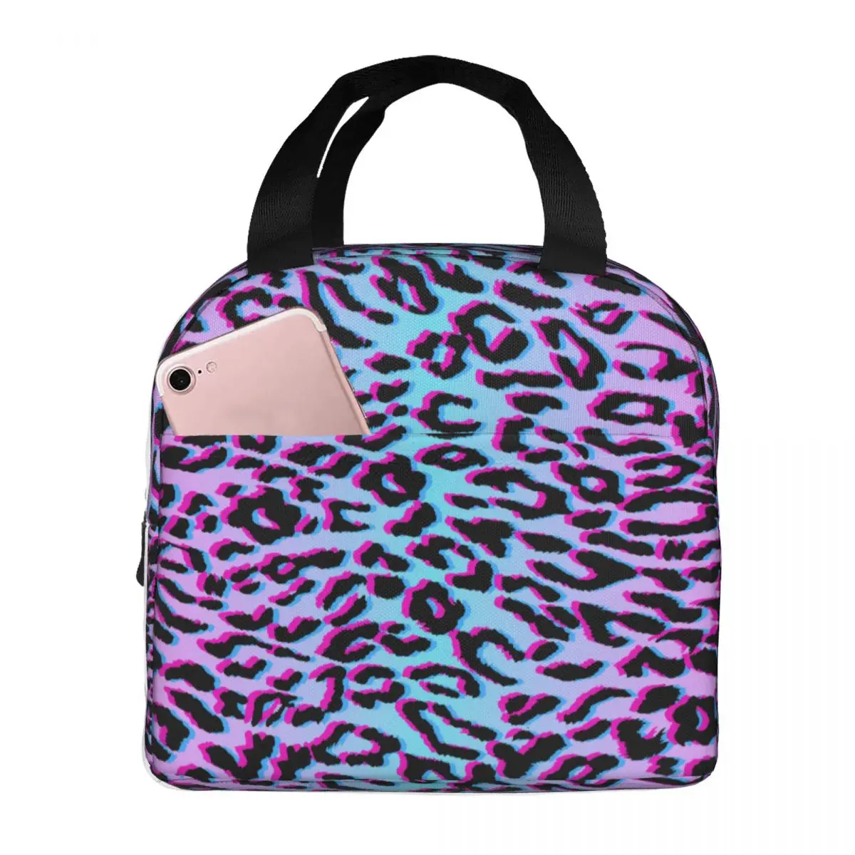 Neon Leopard Lunch Bags Portable Insulated Canvas Cooler Thermal Picnic Tote for Women Kids