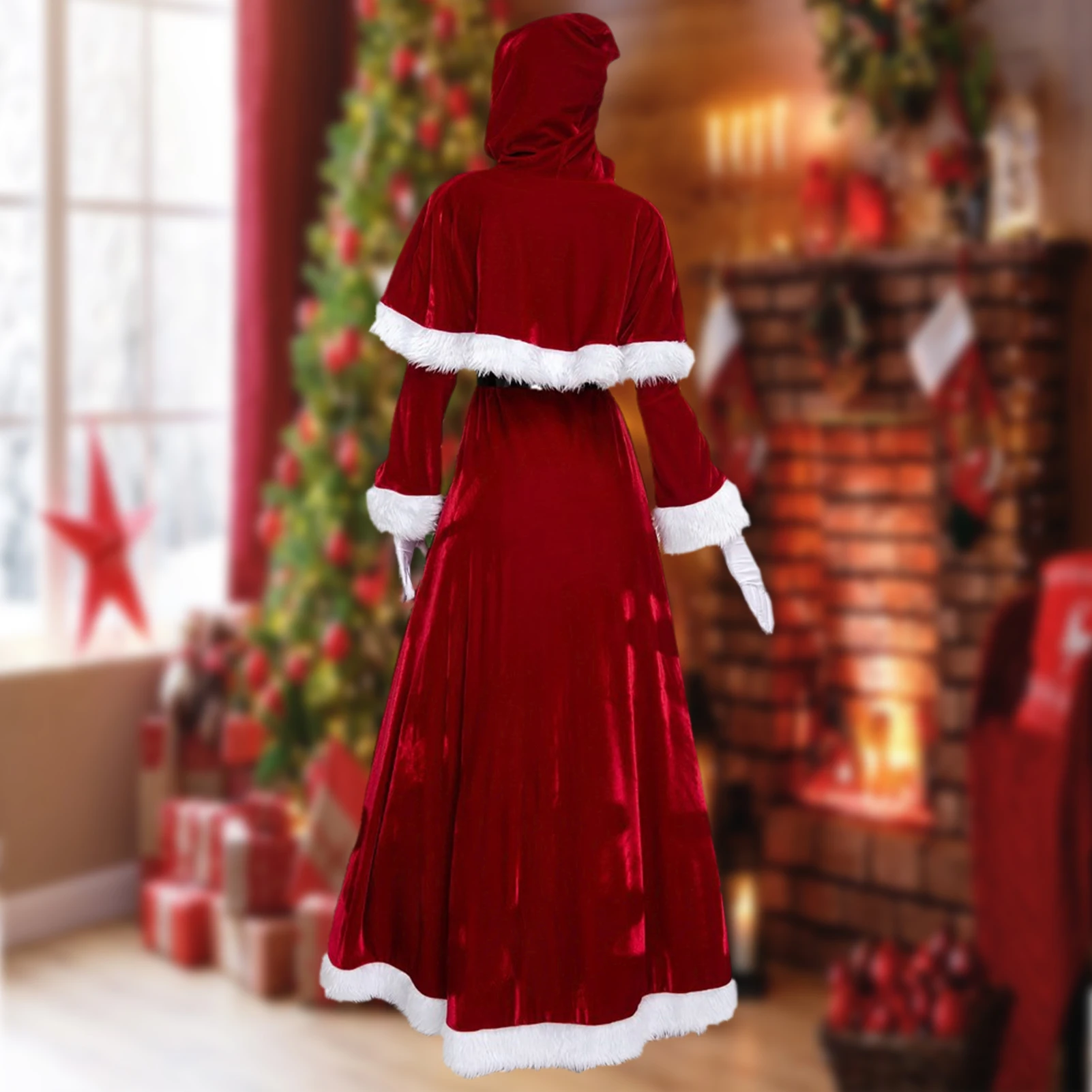 

Ladies Santa Claus Costume with Belt Cotton Red Retro Santa Clothing Golden Print Elastic High Waist Solid Color Vacation Outfit