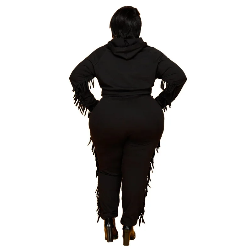 Plus Size Women Clothing Fall Two Piece Set Women Outfits Long Sleeve Tassels Hoodie Sweatsuit for Fem 3xl 4xl 5xl 6xl