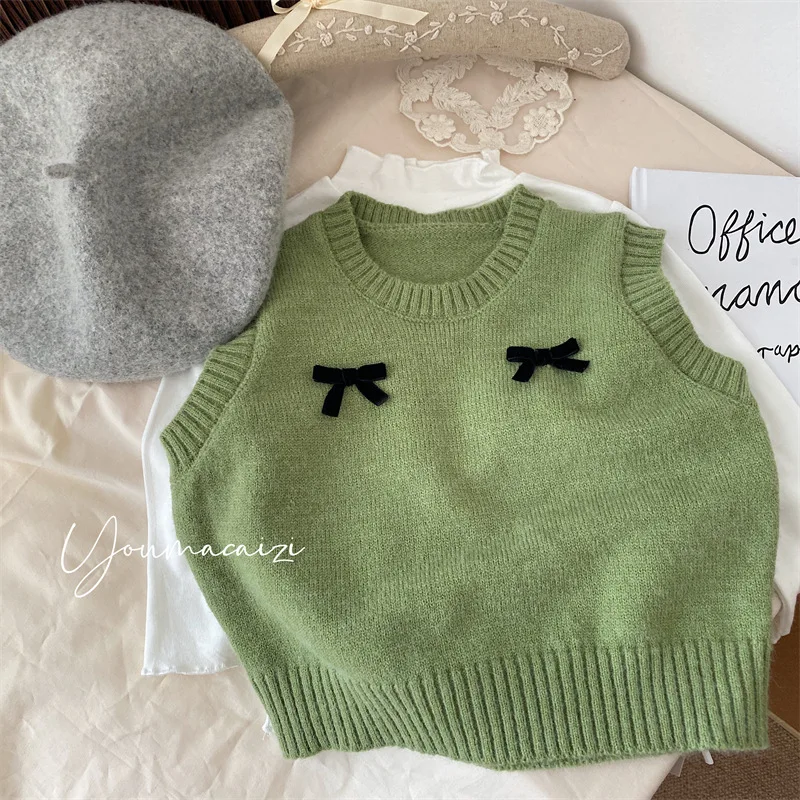 

2022 Korean Children's Clothing Girls Bow Knit Vest Sweet Round Neck Sleeveless Top