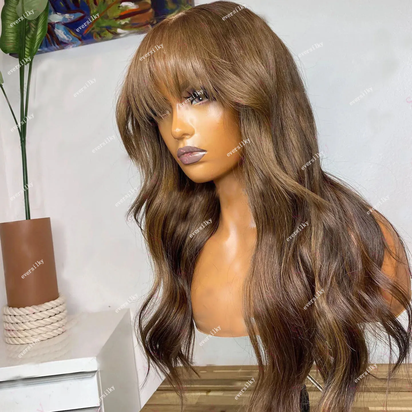 Ombre Chestnut Blonde Body Wave Fringe Full Lace Human Hair Wig With Bangs Highlight Auburn Brown Glueless 360 Frontal Remy Hair
