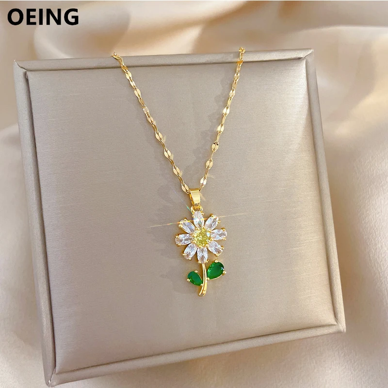 

OEING 316L Stainless Steel Delicate Cutting Full AAA Zirconia Flower Pendant Necklace For Women Cute Sweet Girls Luxury Jewelry