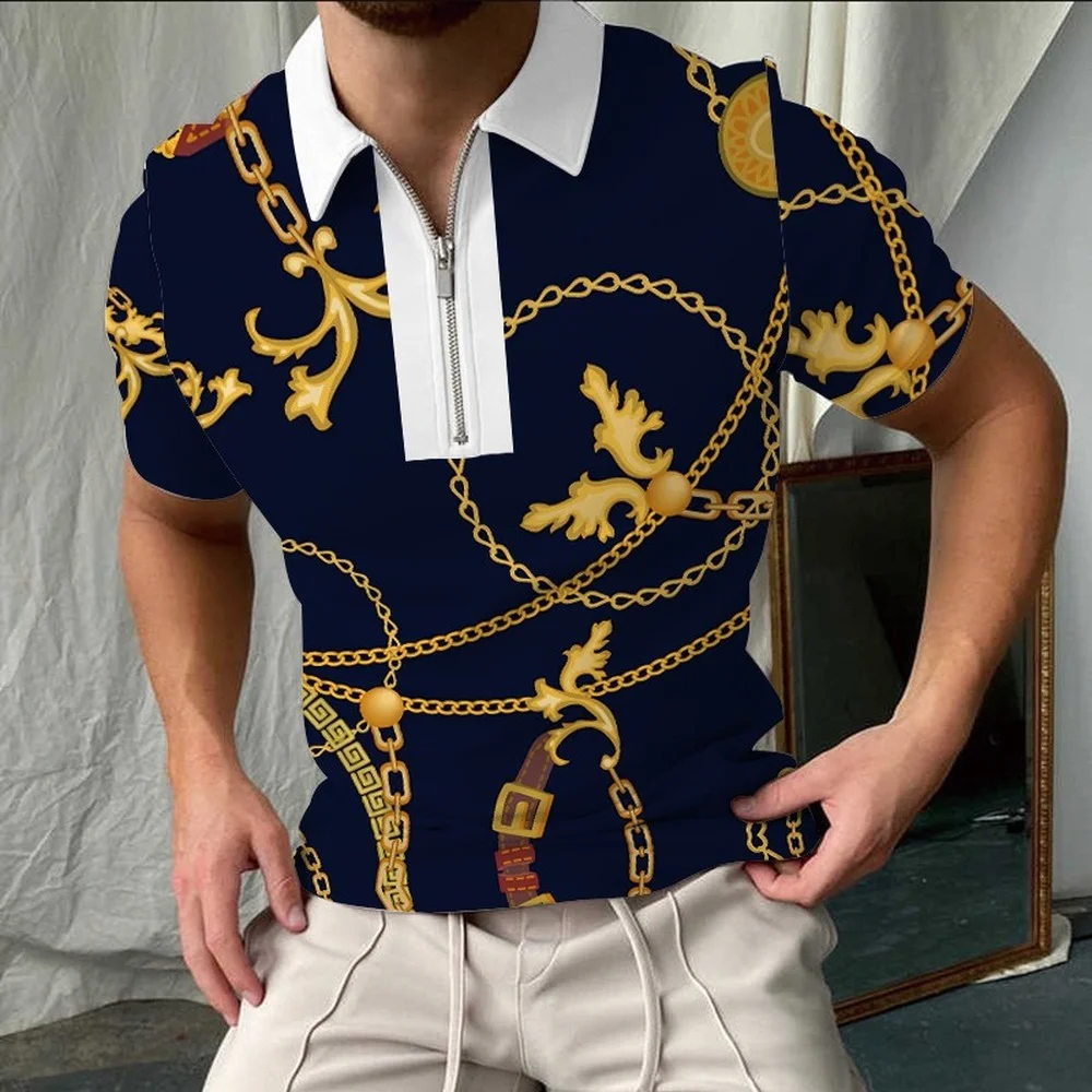 

New Zip Collar Men's 3D Printed Breathable Mesh Short Sleeve Polo Shirt