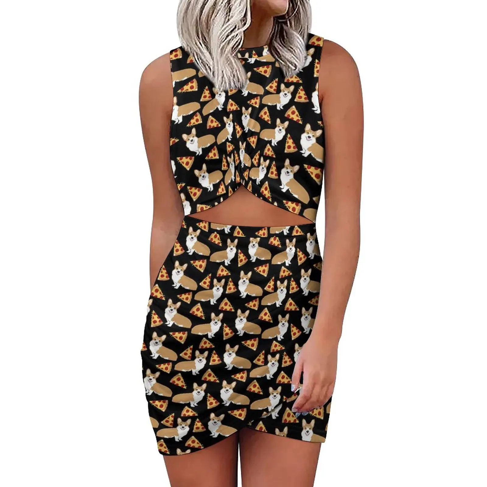 

Corgi Pizza Dress Sleeveless Funny Dogs Print Aesthetic Dresses Summer Kawaii Bodycon Dress Woman Graphic Oversized Vestidos