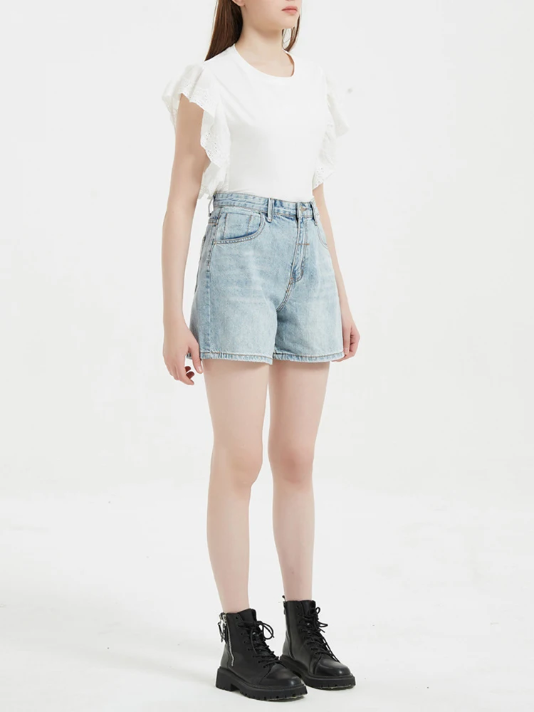 Streetwear Women High Waist Wide Leg Retro Blue Denim Shorts Spring Summer Female Button Loose Jeans Shorts Bottoms