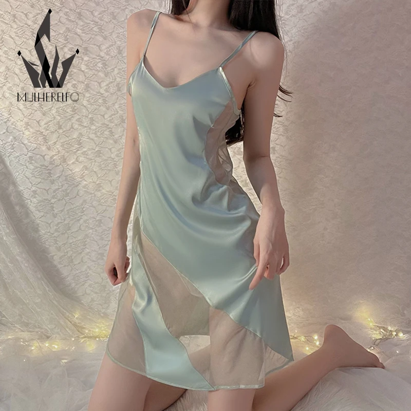 

Backless Lace-up Mesh Perspective Women Nightwear Solid Color Patchwork Female Nightgown Temptation Ladies Sleepwear Sets