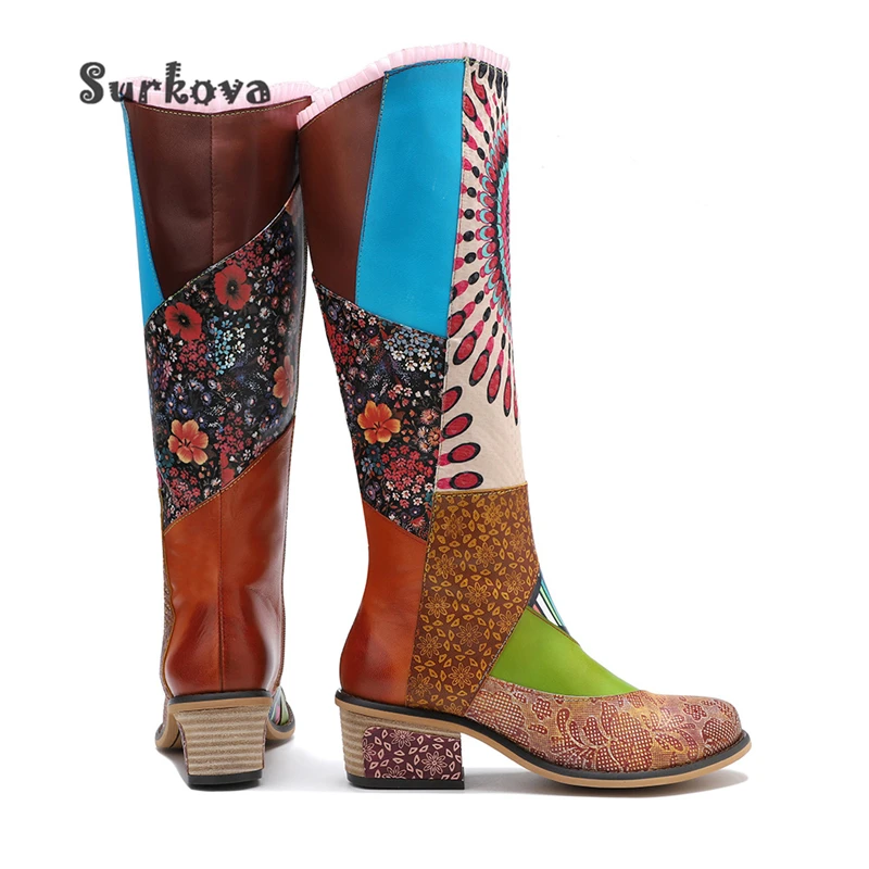 Retro Ethnic Style Women's Boots Gradient Lace Embroidery Prints Knee High Boots Round Toe Mid-Heeled Zip Punk Dress Party Shoes