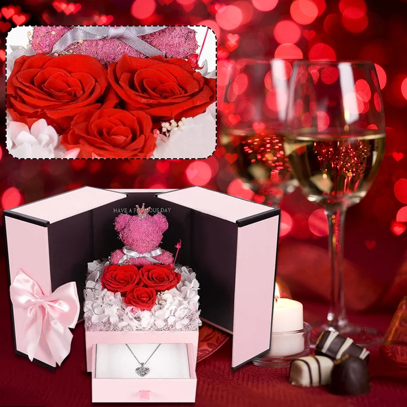 

Eternal Red Rose Moss Bear Gift Valentine's Day Gift Rose Bear Drawer Necklace Ring Jewelry Box Artificial Flowers Rose Gift Box