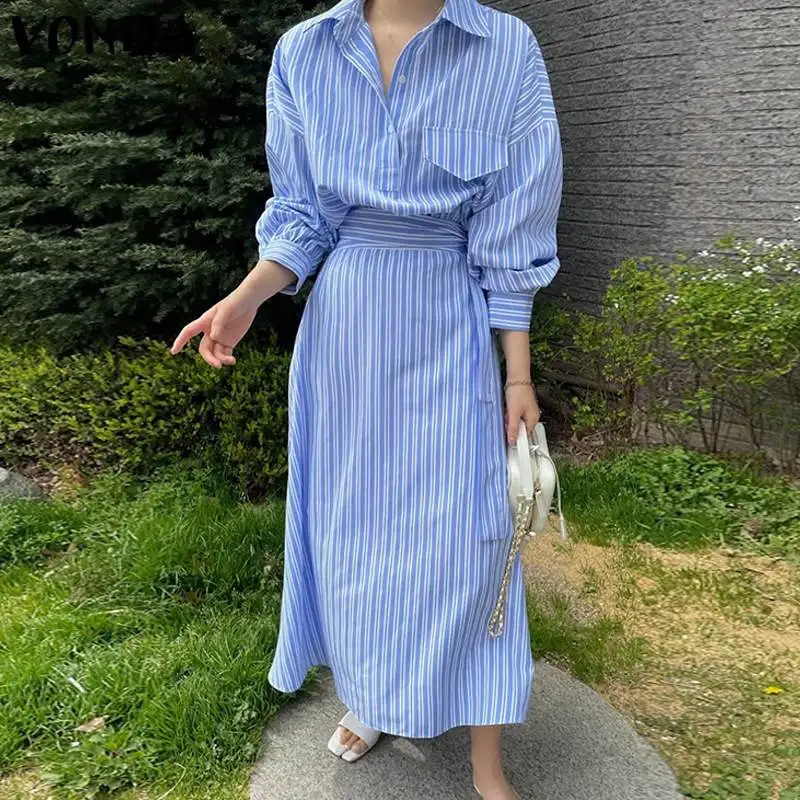 

Winter Shirt Dress VONDA 2022 Women Long Sleeve Vintage Lapel Collar Striped Dresses With Blet Ladies Turn Down Neck Vestidos