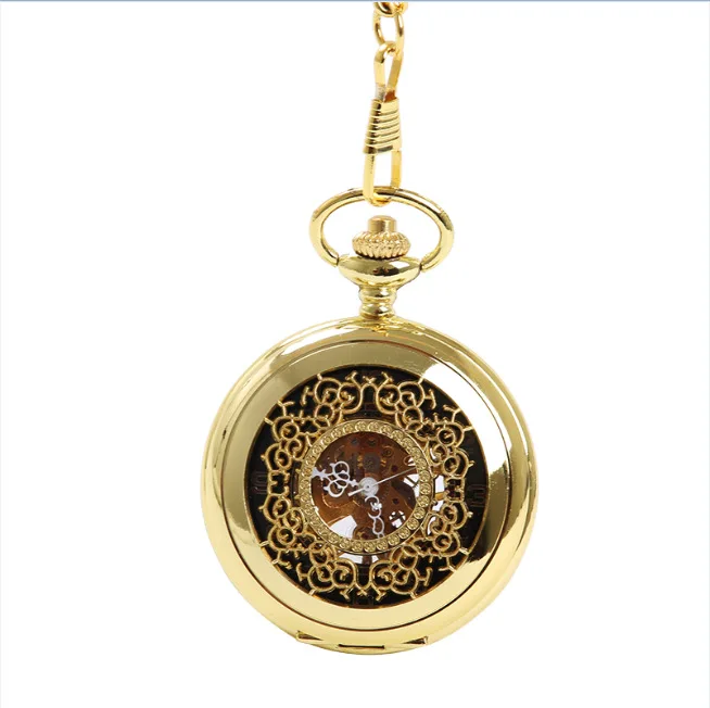 Luxury Gold Flower Mechanical Pocket Watch for Men Women Hollow Skeleton Case Roman Numerals Dial Man Fob Chain Pendant Clock