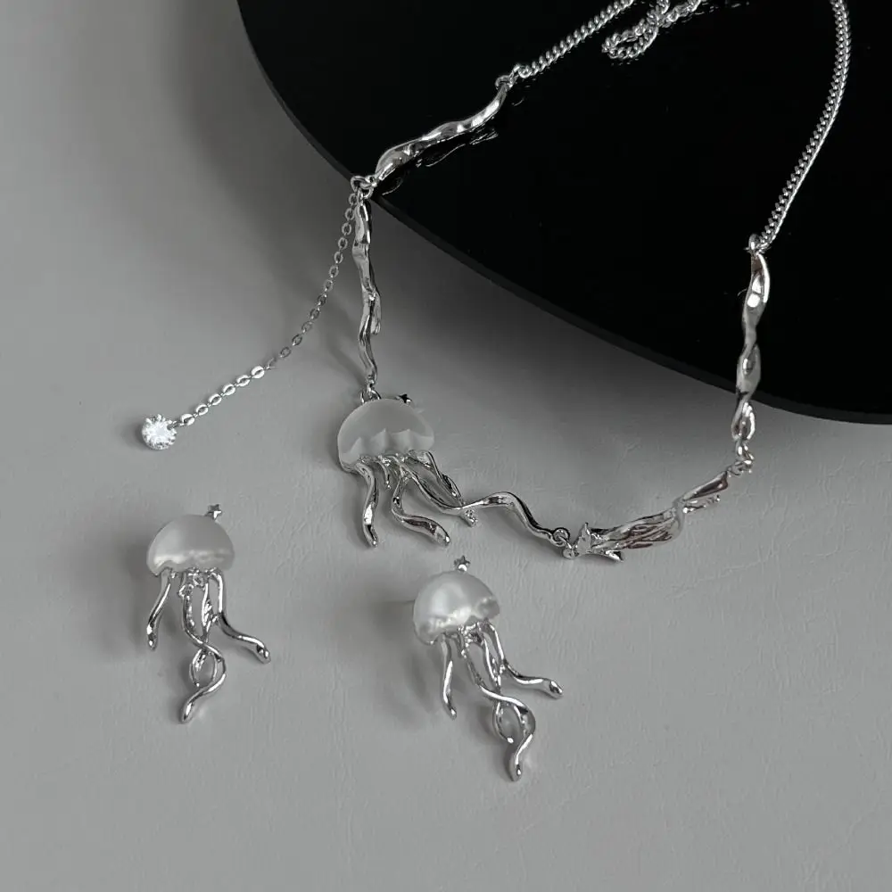 

Frosted Transparent Jellyfish Earring Necklace Set Fashion Design Floating Matte Crystal Creativity Female Stud Earrings Jewelry