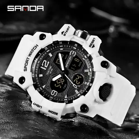 Часы наручные Sanda мужские в стиле милитари, модные спортивные светодиодные цифровые S Shock, водонепроницаемость 50 м, белые