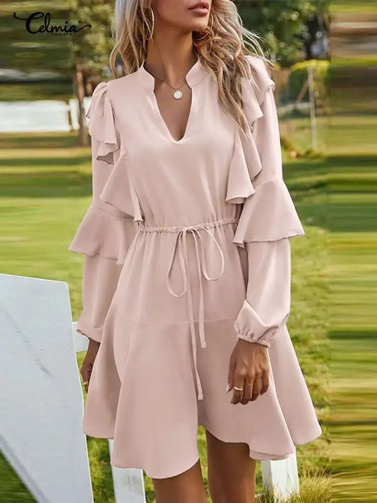 

Женский плиссированный сарафан Celmia с V-образным вырезом, элегантное Бандажное платье с длинным рукавом, Модные расклешенные мини-платья, ул...