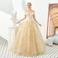 luxury ball gown off shoulder evening dress golden princess appliques formal tulle long prom gowns party graduation dresses