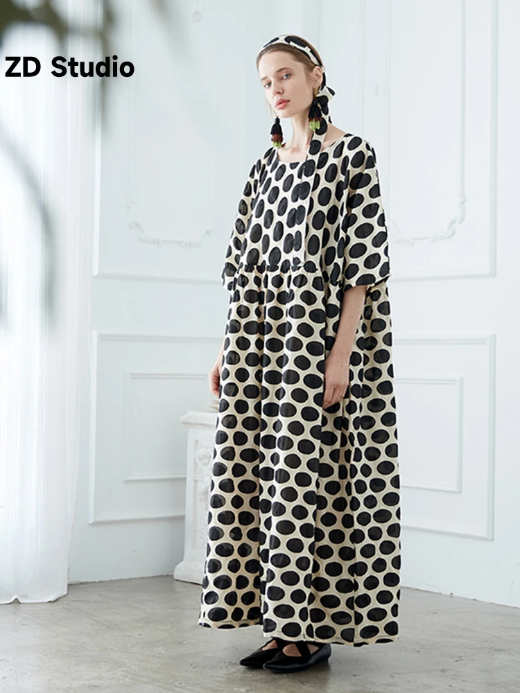 

[ZD Studio] Women's Senior Temperament Polka Dot Vintage Swing Robe Loose Plus-size Holiday Dress Summer 2023