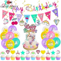 Unicorn Crown Pony Cake Theme Balloon Set 3D Pink Macaron Kids Birthday Baby Shower Star Aluminum Film Balloon Party Decoration