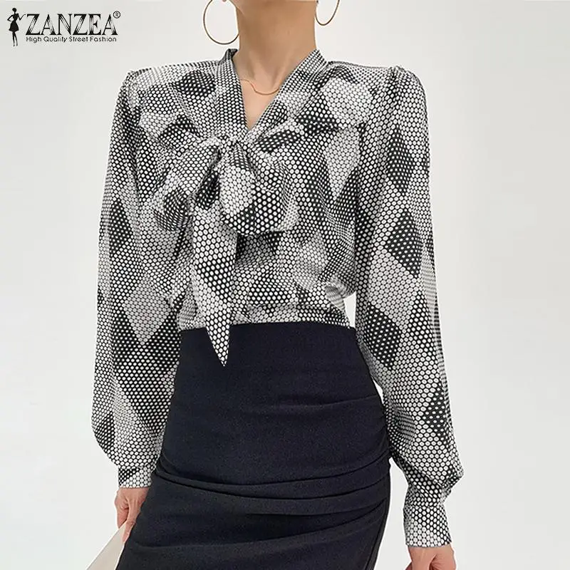 

Casual Long Sleeve Chemise Oversized Spring Autumn OL Elegant Blouse Women Fashion Bow V Neck Tops ZANZEA Vintage Printed Shirt
