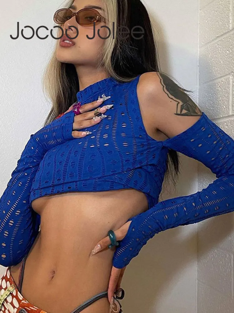 

Women Sexy Long Sleeve Finger Hole Crop Top Elegant Stand Collar Off the Shoulder Tank Top Casual Hollow Out Knit Clubwear Tee