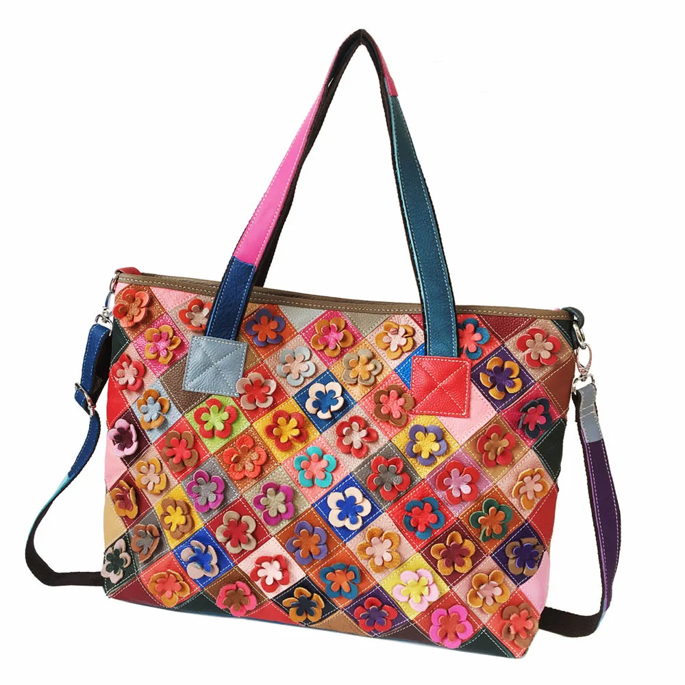 High quality women's shoulder bag genuine leather handmade designer flower stitching fashion messenger bag large capacity tote b