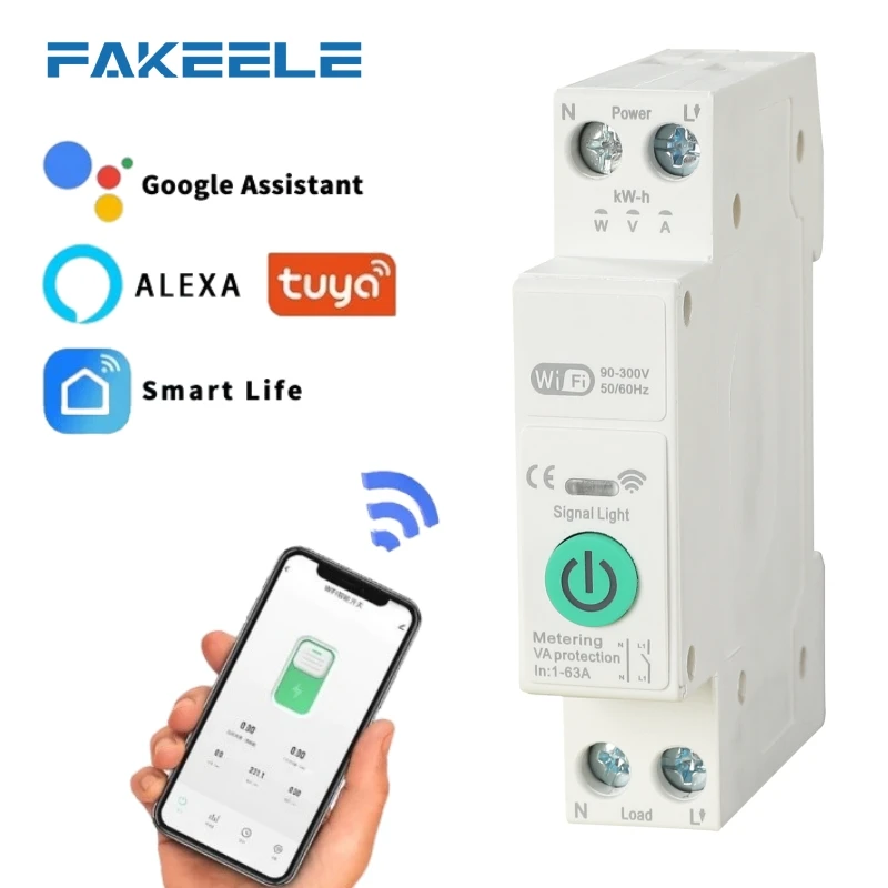 Умный автоматический выключатель Tuya WiFi 1P 63A, Wi-Fi-переключатель на DIN-рейку с помощью приложения, измерительный выключатель для умного дома, беспроводной пульт дистанционного управления