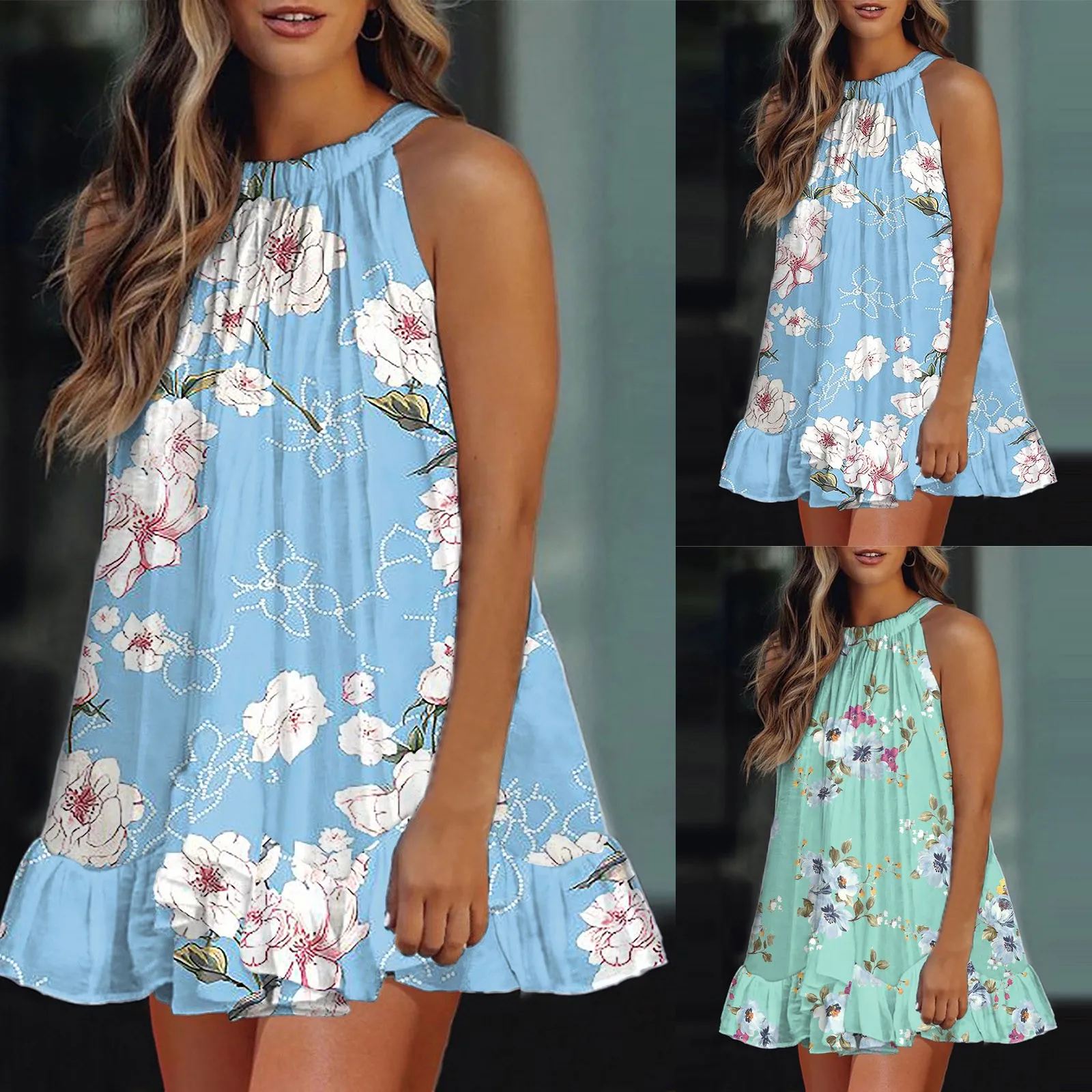 

Женское Короткое платье на бретелях, Элегантное повседневное платье с цветочным принтом, оборками и топом без рукавов