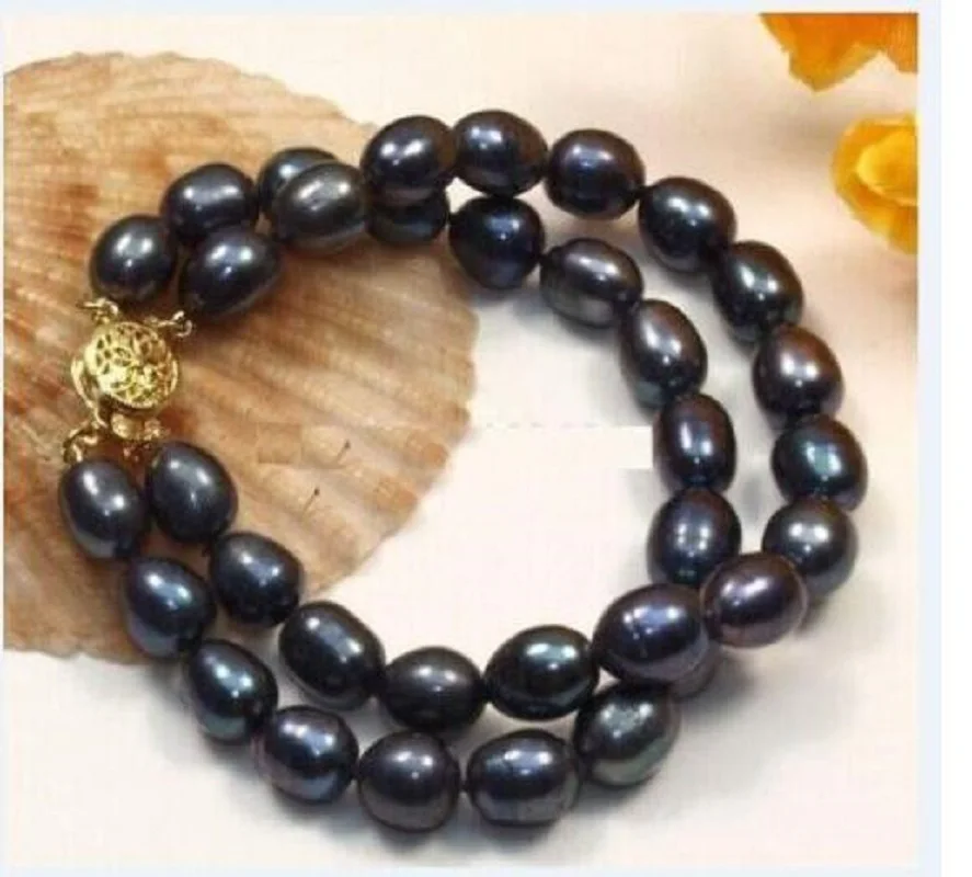 

New Double Strands AAA 9-10mm Natural South China Sea Black Pearl Bracelet 7.5-8 "925s