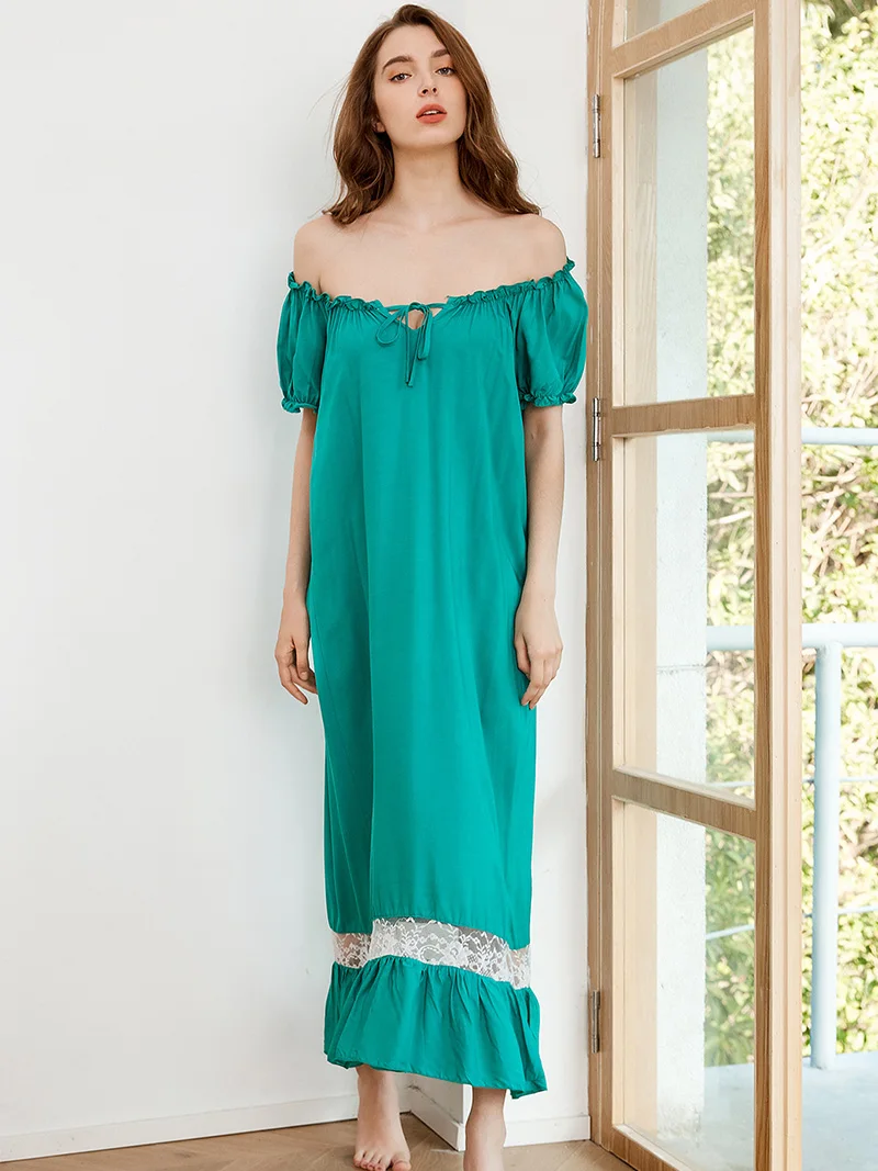 Women Cotton Night Dress White Ruffles Lace-up Short Sleeve Slash Neck Loose Vintage Princess Victorian Lolita Fairy Sleepwear