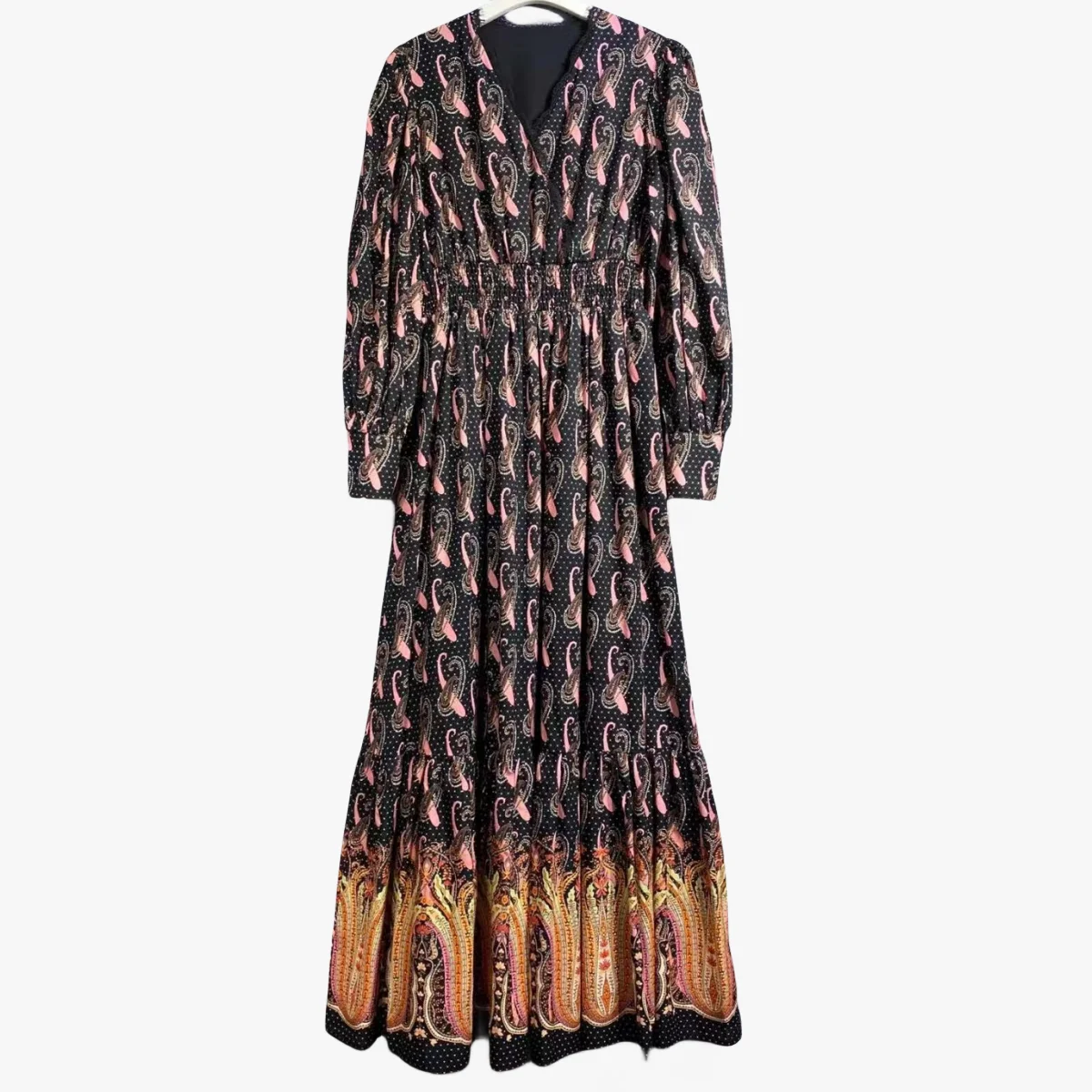 

Новинка осени 2023, модное женское роскошное платье с V-образным вырезом и принтом, платье с закрытой талией и длинным рукавом