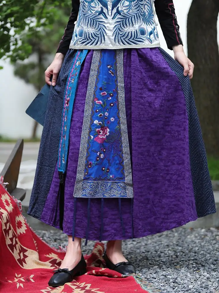 

2023 national style harajuku vintage cotton linen skirt flower embroidered women traditional chinese retro casual splicing skirt