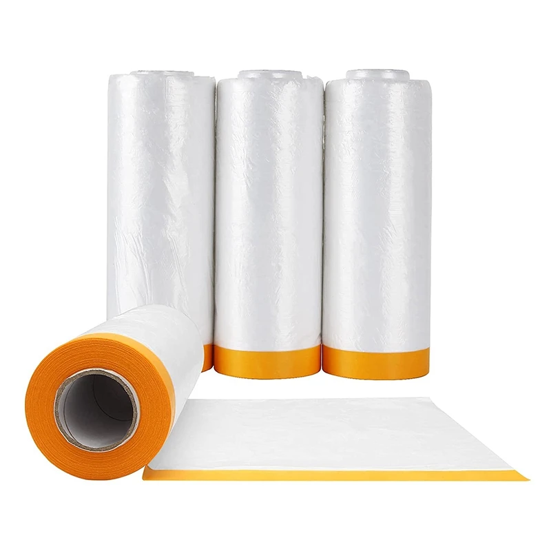 

JHD-4 Rolls Clear Plastic Sheeting 4.9X 65.5 Ft Pre-Taped Masking Film Drop Cloths For Painting Automotive Painting Covering