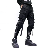 hip hop men ribbons cargo pants fashion harajuku 2022 new elastic waist casual streetwear mens joggers trousers black