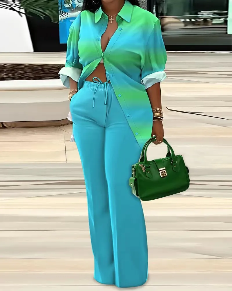 

Autumn Fashion Printing Two Piece Set Women Casual Loose Button Long Sleeve Shirt Wide Leg Pants Two Piece Set Women Pants