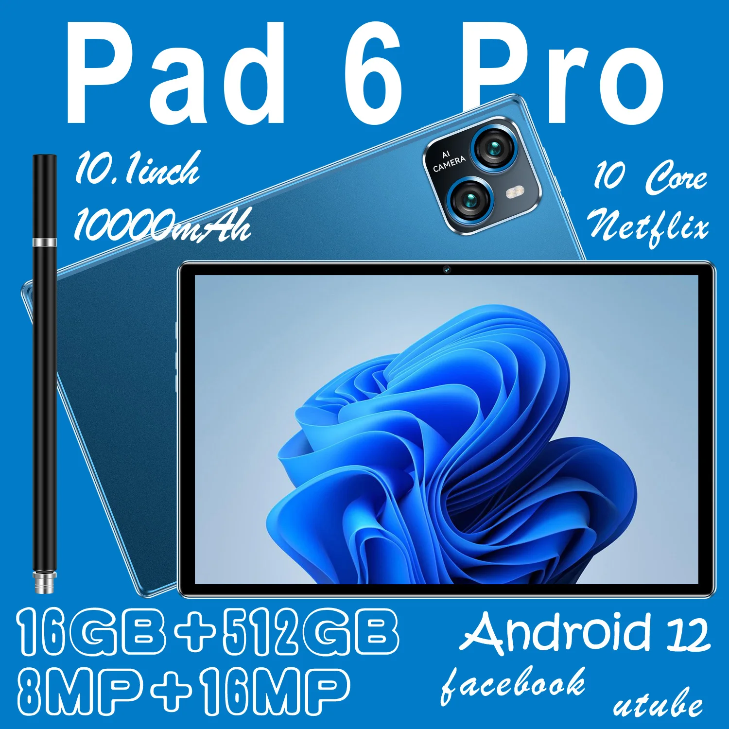 

Планшет Android Pad 6 Pro, 10 дюймов, HD, 16 ГБ + 512 Гб, snapdragon 870, двойная SIM-карта или Wi-Fi, Google Play, с клавиатурой