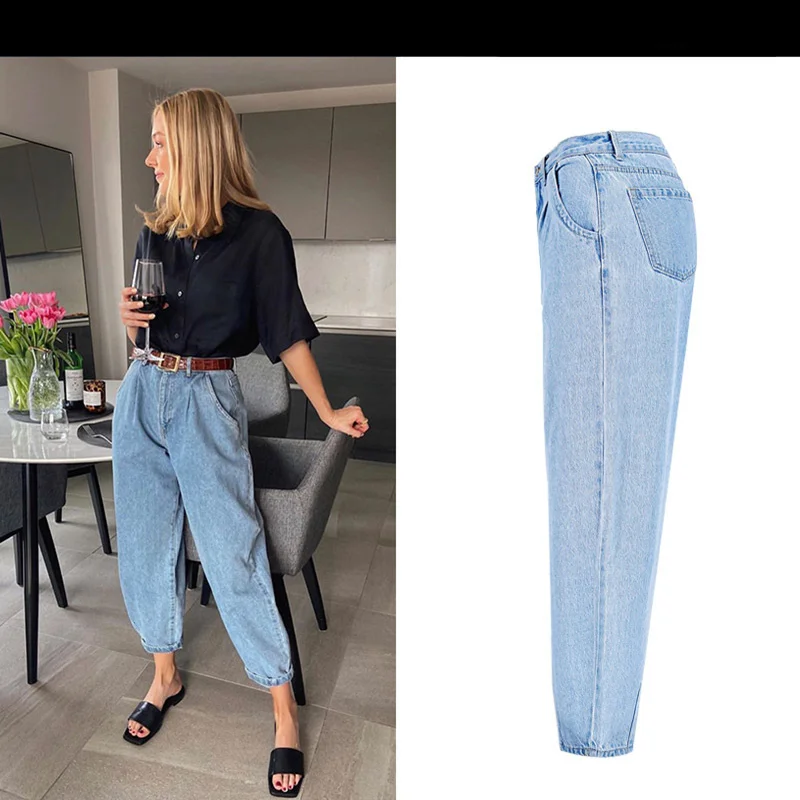 Spring and Autumn Women 2021 Fashion Cotton Jeans Blue Retro Harlan Washed New High Waist Office Ladies Casual Jeans Women