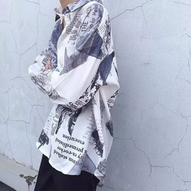 

Spring summer punk shirts unisex Japan long-sleeved floral shirt men's retro Hong Kong style beach loose sunscreen blouse ja