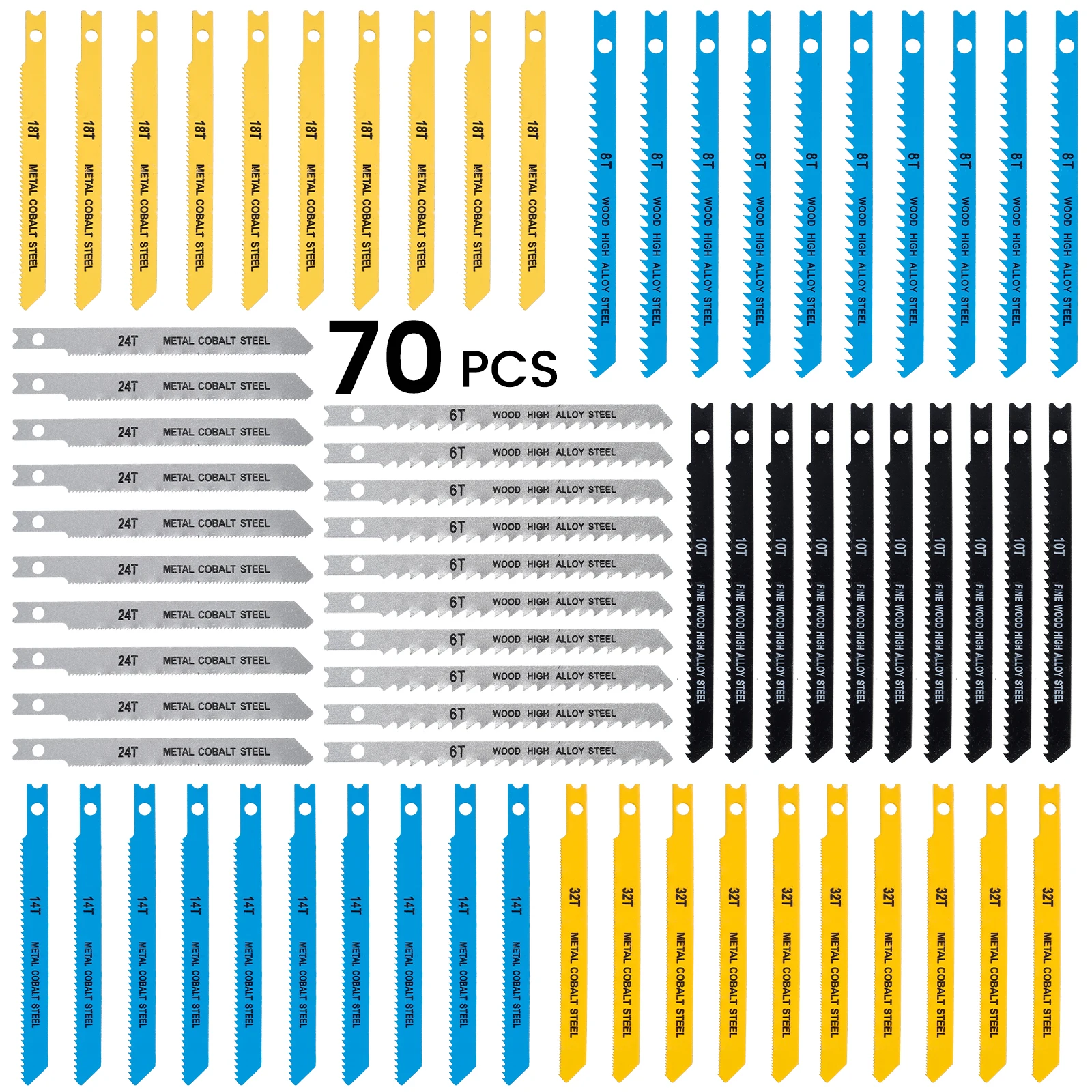 

70Pcs Jig Saw Blade Set High Carbon Steel Assorted Saw Blades with U-shank Sharp Fast Cut Down Jigsaw Blade Woodworking Tool