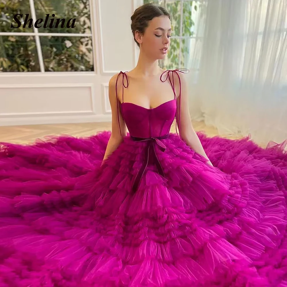 

Shelina Exquisite Tiered Tulle Formal Occasion Dresses Sweetheart Bow Backless A-line Straps Vestido De Noite Customer Made