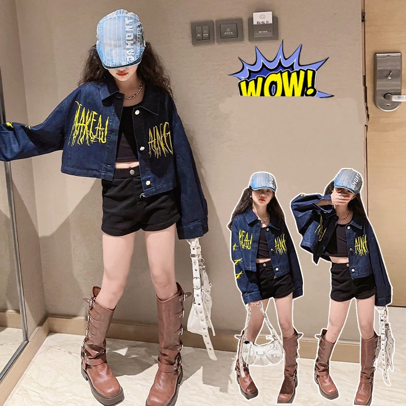 

Джинсовые куртки для девочек от 8 до 12 лет, Осеннее модное короткое джинсовое пальто Детская верхняя одежда