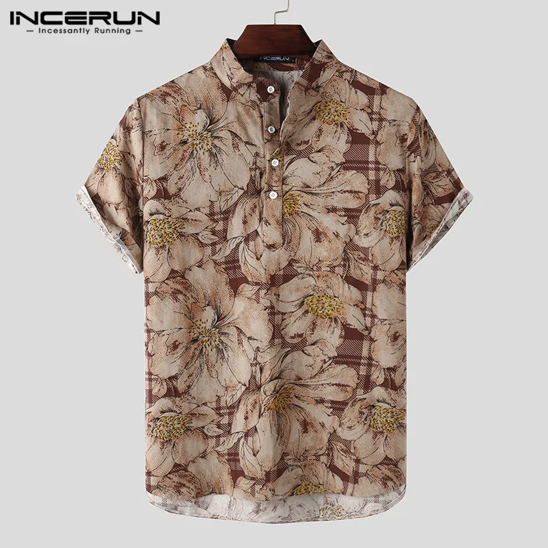 

INCERUN 2022 Men Casual Shirt Printed Short Sleeve Stand Collar Vintage Streetwear Camisas Summer Vacation Hawaiian Shirts S-5XL