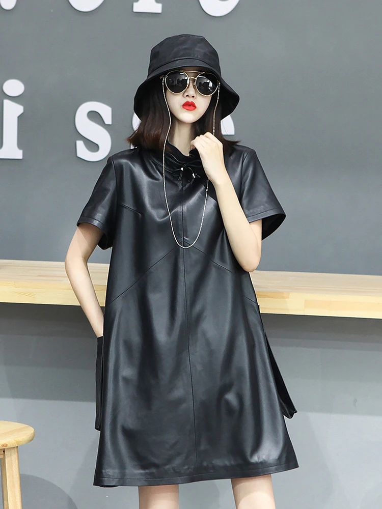 Dress Woman Autumn Winter Genuine Leather Stand Collar A-Line Dress High Waist Office Lady Sheepskin Dress with Pockets