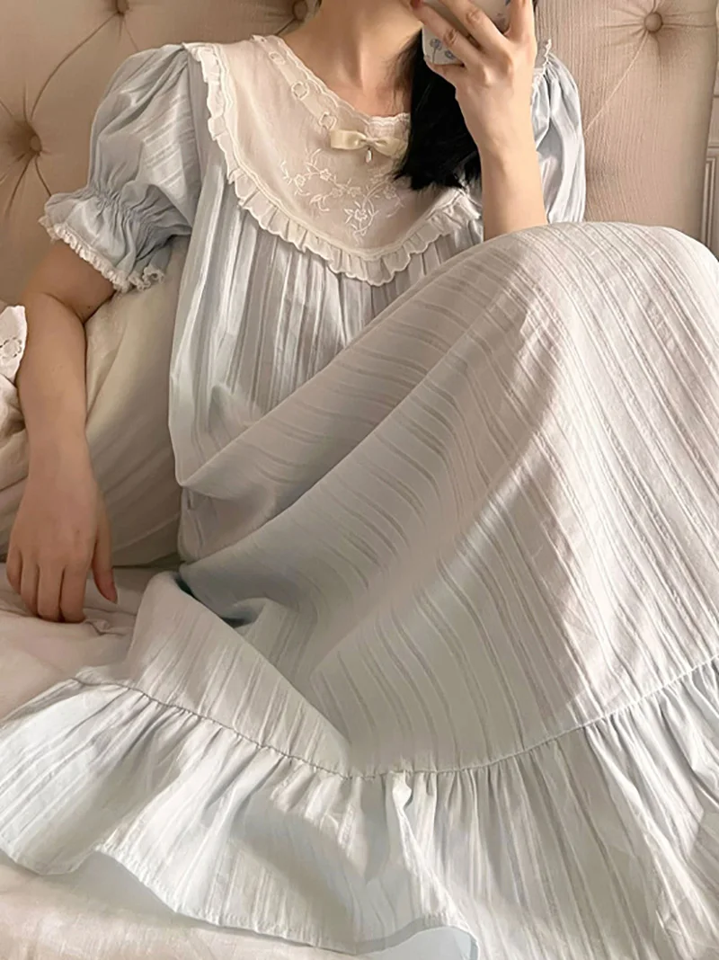 Women Pure Cotton Ruffles Spring Autumn Retro Vintage Princess Nightdress Sweet Home Pajama Lace Fairy Victorian Sleepwear