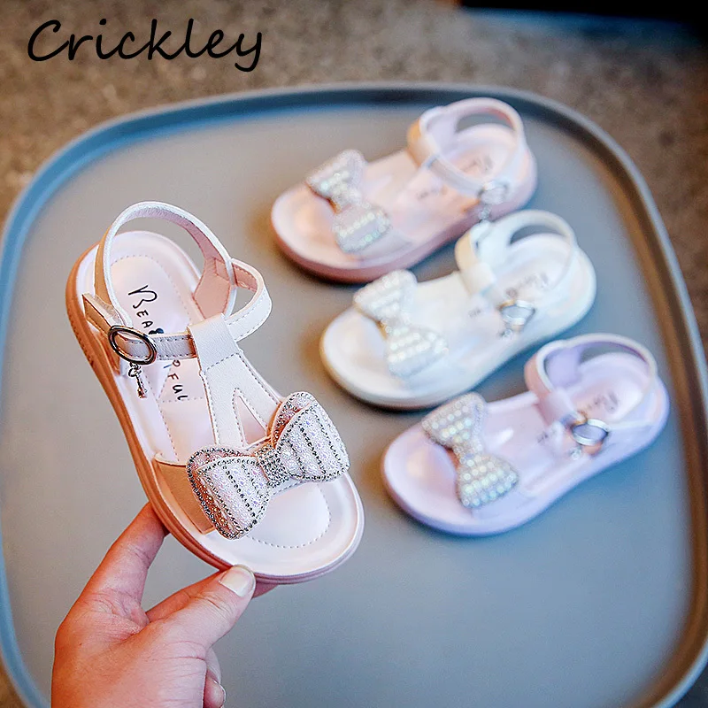 

Princess Cute Bow Kids Sandals Pearl Crystal Anti Slip Summer Shoes For Girls Baby Soft T Strap Comfortable Children Sandals