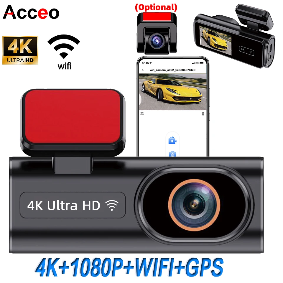 מצלמת רכב ACCEO Dash Cam WIFI GPS Mini CAR DVR קדמית 4K ואחורית 1080P עם עדשה כפולה, קופסה שחורה, ראיית לילה, מעקב חניה 24 שעות