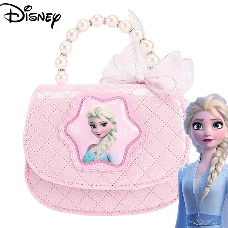 

Disney Elsa Princess New PU Children's Cartoon Anime Sweet Messenger Bag Going Out Portable Elegant Pearl Bow Ribbon Handbag