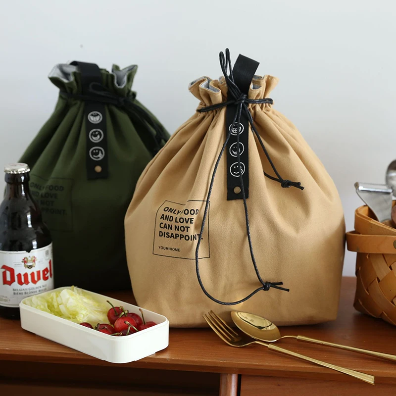 

Simple Constraint Ribbon Insulation Meal Bag Japanese Cotton and Linen Industrial Wind Canvas Picnic Bento Zippered Bento Bag