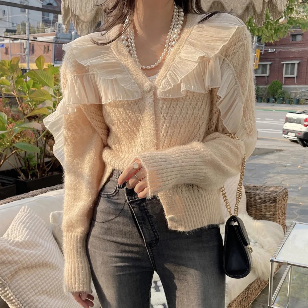 

Alien Kitty Apricot Women Coats Ruffles Chic Sweet Winter Slim Knitted Cardigans Loose Gentle Office Lady Streetwear Sweaters