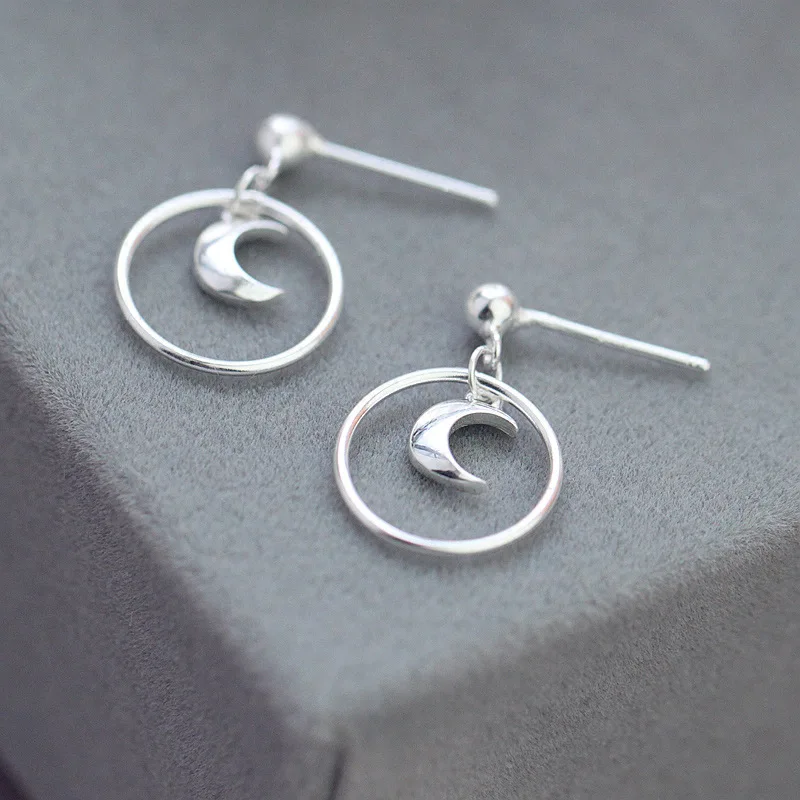 

925 Sterling Silver Moon Circle Ring Fine Earrings For Women INS Sweet Girl Geometry Ear Studs Eardrop Fashion Jewelry Gifts