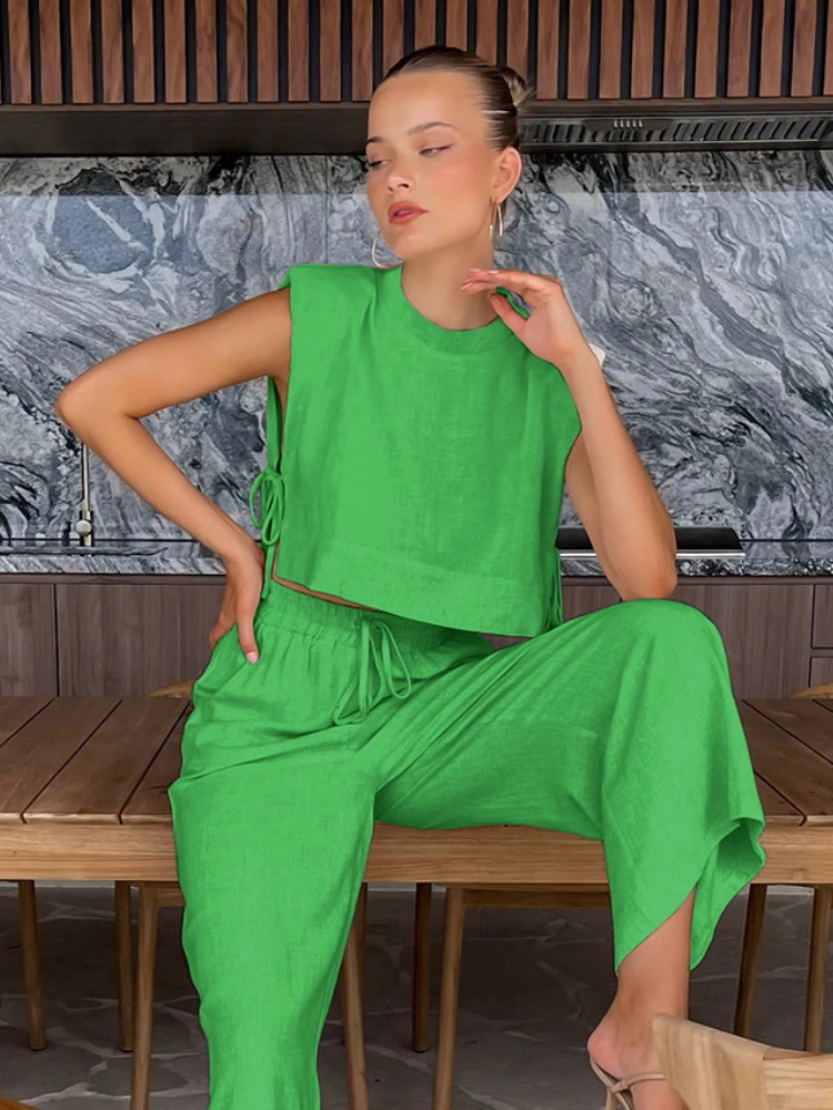 QWEEK Cotton Linen Women's Pajamas Vest Top and Pants Two Piece Trouser Suits Basic&Casual Loungewear Summer Sleepwear