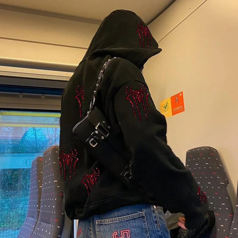 

Y2K Rhinestone Spider Goth Zip Up Hoodies Punk Long Sleeve Women's Sweatshirt Harajuku Retro Oversized Hooded Jacket Streetwear