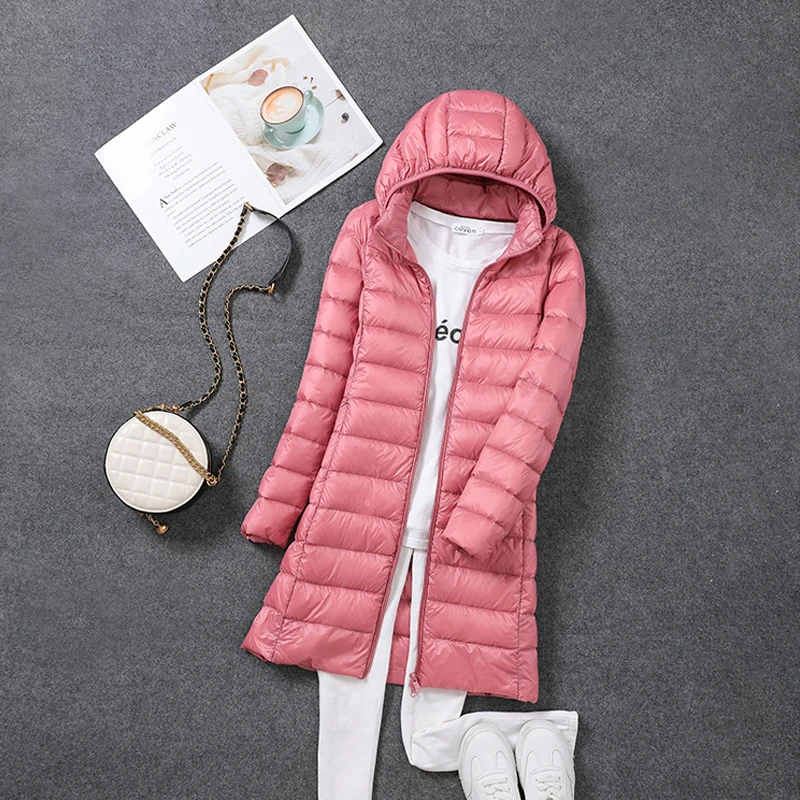 Winter Warm Womens Down Jackets Ultra Light Thin Casual Coat Quilted Jacket Slim Long Coat Removable Hooded Parka